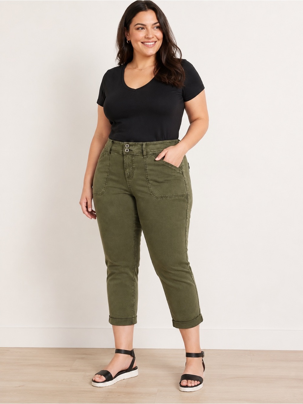 Torrid Aviator Crop Twill Pants Olive Green Utility Stretch Casual Size 18